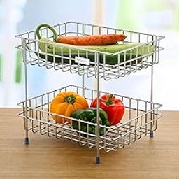 KINGLET Stainless Steel Design 2 Layer Fruit and Vegetable Basket Stand Steel Kitchen Trolley Without Wheel-image-42