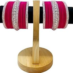 Traditional Metal Velvet Pink Bangles Set with Crystal silver Rhinestone Border, Wedding Fashion Jewellery for women/Girls-56