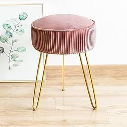 Craft Capital Velvet Vanity Stool – Makeup Ottoman Footrest with Sturdy Gold Metal Legs, Upholstered Round Stool for Bedroom, Living Room & Dressing Table – Compact & Stylish Seating (Pink)-image-89