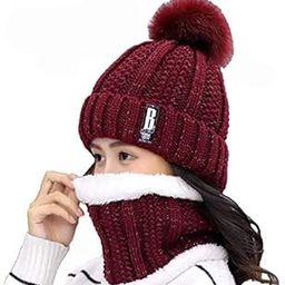 Winter Soft Warm 1 Set Snow Proof Ball Cap (Inside Fur) Woolen Beanie Cap with Scarf for Women Girl (Red Wine)-image-79