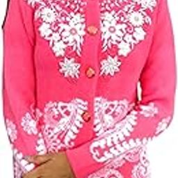 Women's Pink and White Floral Cardigan Sweater, Button Front, Long Sleeve, Regular Fit, Winter Wear-image-30