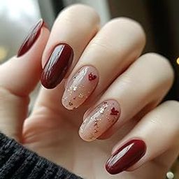 Set Of 14Pc, Press-on Nails, Round Shaped Maroon and Nude Pink, Gold Glitter 2 Hearts Design With Free Glue Kit-picture-46