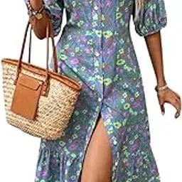 gufrina Dresses for Women|Rayon Floral Print|Front Ruffle Hem|Button-Down|Maxi Dress|Puff Sleeves and High Slit-picture-29