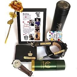 Dream Gift Glore Your Name Customized Mens Gift Hamper Set with Water Bottle, Photoframe, Pen, Men Wallet, Keychain, Golden Rose, Men Deodorant with Belt and Watch (Black)-picture-10