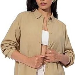Cotton Linen Shirt: Almondine Women and Girls Long Sleeves Collared Neck Button Front Solid Cotton Linen Boyfriend Shirts-picture-48