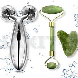 Face Stone Jade Roller Massager with Gua Sha Jade Stone and 3D Roller Facial Combo For Skin Eye Body Massager Women Men Reusable-picture-40