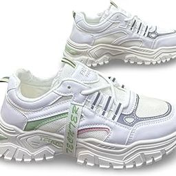 Chunky Platform Sneakers, White and Green Accent, Mesh Upper with Rugged Outsole, Casual Shoes for Women-picture-3