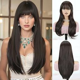Creamily Long Straight Hair Topper with Bangs，clip in Hair Toppers,Heat Resistant Fibre Synthetic 6" X 6.5" Base,Hairline Topper for Women-image-30