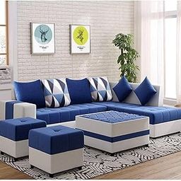 FURNY Stolan 8 Seater Fabric Sectional RHS L Shape Sofa Set with Centre Table & 2 Puffy (Blue-Light Grey)-11