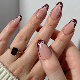 Cherry Bow Press-On Nails | Deep Red French Tips with White Bow Design | Glossy Almond Shape Reusable Stick-On Nails Kit – 10 Pcs with Glue Tabs & File – Hall of Nails-51