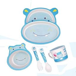 AASHRIT 5 Piece Mealtime Bamboo Dinnerware for Baby Kids-Toddler, Set of Plate-Bowl Cup and Spoon-Baby Feeding Utensils for Kid, Eco Friendly and Dishwasher Safe, Great Gift for Birthday (Hipo)-image-89