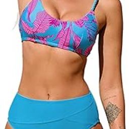 Bikini Set for Women Two Piece Swimsuits Asymmetrical High Waisted Scoop Neck Braided Straps, Light Sky Blue and Floral, M-image-84
