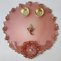 8 Inch Resin Pooja Thali for Raksha Bandhan – Decorative Thali with 2 Roli Chawal Platter | Ganesh Design Festival Puja Thali for Rakhi, Diwali, Wedding, Pooja Decor (Pink)-image-19
