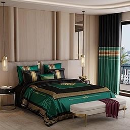 Stoa Paris Super King 9pc Satin Comforter Set, 300TC, 1 Bed Sheet, 1 Comforter, 2 Pillow Covers, 2 Euro Sham Covers, 1 Long Cushion Cover, 2 Door Curtains, Gentle on Skin & Hair,Coronation- Deep Green-image-4