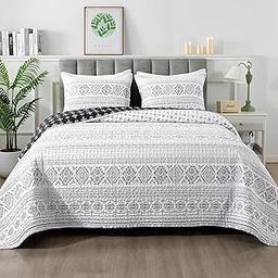 Andency Black White Quilt Set King (106x96 Inch), 3 Pieces(1 Striped Triangle Printed Quilt and 2 Pillowcases), Bohemian Summer Lightweight Reversible Microfiber Bedspread Coverlet Sets-image-47