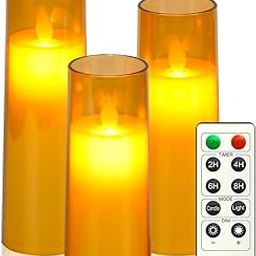 LTETTES Flickering Flameless Battery Operated Acrylic Fiber Led Pillar Candles with Remote Control and Timer for Home Decorations,Festive,Valentine,Weddings(2.3" D 5.5"X6.5"7.5" H) Set of 3(Gold)-14