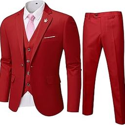 Men's 3 Piece Suit Blazer Slim Fit One Button Notch Lapel Dress Business Wedding Party Jacket Vest Pants & Tie Set Red-image-36