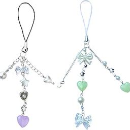 SNOWYS SHOP 2 Piece Cute Green Purple Phone Charms for Girls | Y2K Trendy Mobile Case Metal Lanyard Keychain Bag Charm Accessory for Women-22