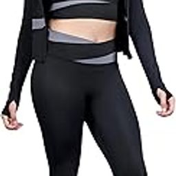 Women 3 Pcs Nylon Spandex Patchwork Design Gym Sportwear Set Butt Lift High Waist Legging Slim Fit Zipper UV Jacket Thumb Hole & Racerback Padded Sports Bra For Workout-image-11