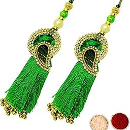 Buyent ® Elegant Kundan pearl lumba rakhi for bhabhi chuda rakhi set of 2 hanging rakhi fancy rakhi for bhabhi sister womens rakhi with roli chawal-image-80