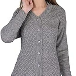 Women's Woolen V-Neck Self Design Cardigan - Heavy Rainbow Fabric Winter Wear Pure Wool Cardigan for Women - Free Sizes (L, Grey)-image-63