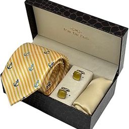 Yellow Anchor Stripe Necktie For Men with Yellow Cufflinks & Pocket Square Combo-image-25