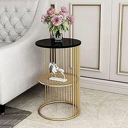 SS CRAFTMAKERS Modern Round Coffee Table End | Centre Table Wooden Top and Metal Frame 21 Jali Metal Corner Table (Golden Black)-30