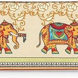 Traditional Art Print Pouch, Multicolour, Zip Closure, Canvas Material with Beaded Charm for Women, Handcrafted (Golden Elephant Cloth Envelope Pouch)-50