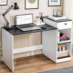 ABOUT SPACE Study Table with Drawer - Computer Table with Bottom Storage Space DIY Engineered Wood Office Desk with 2 Adjustable Shelves for PC Laptop (White, Black Marble - L 123 x B 45 x H 89 cm)-6