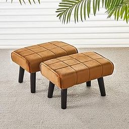 Cpintltr Small Foot Stool Ottoman Modern Accent Step Stool Seat with Solid Wood Legs Velvet Soft Padded Pouf Ottomans Sofa Footrest Stools for Couch Living Room Bedroom Entryway (Brown 2 PCS)-image-50