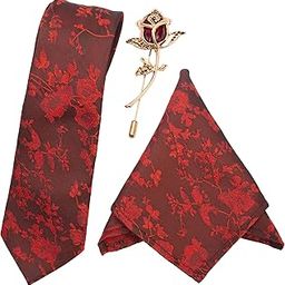 Men's Microfiber Red Necktie Set with Pocket Square and Lapel Pin-image-10