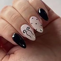 Set Of 14Pc, Short Almond, Black and White with Bow Tie Pattern, Polka Dot, Glossy Finish Nail Extensions With Free Glue Kit-image-50