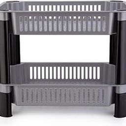 2-Tier Desktop Storage Organiser Rack, Grey and Black, Stackable Plastic Shelf-2