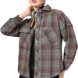 Tweed Women Oversized Winter Shacket Stylish Standard Length Coat Plaid Jacket Shirt-image-48