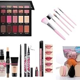 Just Tya | Professional Rose Gold Remastered Edition Eyeshadow Palette Makeup Kit Set with 5 Pink Makeup Brushes, Lipstick, Fixer, Primer, Contour, Foundation, 36H Eyeliner, Kajal Pencil and 6 in 1 Makeup Sponges, Complete Beauty Collection (Pack of 19)-image-19