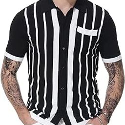 Mens Vintage Striped Knit Polo Shirt Long and Short Sleeve Button Down Cardigan-image-42