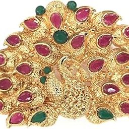 Matt Finish Temple Jewellery Peacock Hair Clip with simulated Red Stones and Hanging Perls for Women/Girl Rakhi Gifts for Sisters Gifts for RakshaBandhan Gold, Hair Buckle)-image-3