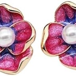 Pink Floral Stud Earrings for Women, Gold Plated Pearl Centerpiece, Trendy Lightweight Jewelry Party Modern Accessory for Daily Outfits, Pack of 1-image-54