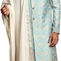 Men's Aqua And Gold Silk Blend Sherwani Set - A Set Of Brocade Sherwani And Pyjama With Dupatta-picture-5