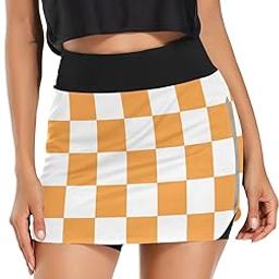 Tennis Skorts Skirts for Women Squares Checkered Lattice Orange White Athletic Skort Workout Sports Skirt S-image-44