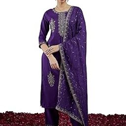 Women's Cotton Blend Embroidered Straight Kurta Pant And Dupatta Set-image-89