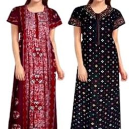 Women's Pure Cotton Nightwear Casual Nighty (RED Batik Star BLUE-28 L)-image-78