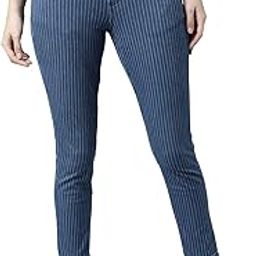 Women Striped Blue Cotton Denim Mid Rise Cropped Jeggings-image-16