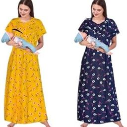 Women's Printed Maternity Nighty/Feeding Nighty/Pregnancy Night Gown/A-Line Nursing Nighty with Zippers for Nursing Pre and Post-Pregnancy- Pack of 2-HMZNFN0019 Multicolour-image-61