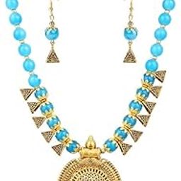 Sky Blue Beads Oxidized Necklace for Women – Round Design with Intricate Dotted Accents-image-86