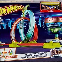 ​Hot Wheels® Neon Speeders™ Track Set, Laser Stunt Slamway with 1 Hot Wheels® Car, Tri-Colored Track, Connects to Other Sets, Easy Storage-17