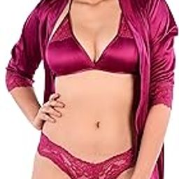 Women's Satin 3/4Th Sleeves Solid Robe with Lingerie Set (Wine)-picture-55
