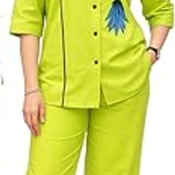 Women's Lime Green Cotton Co-ord Set with Floral Embroidery, 3/4 Sleeve Button-Down Top and Trousers-picture-2