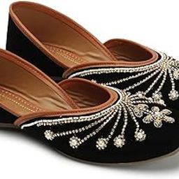 Women's Genuine Soft Leather Embroidered Work with Jerkan Black Jutis Punjabi Wedding Flat Ladies Mojari-image-95