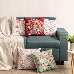 haus & kinder Digital Printed 100% Cotton Cushion Cover | Duck Cotton Throw Pillow Cushion Cover for Sofa Living Room | 16inch x 16inch | Crimson (Pack of 5)-23